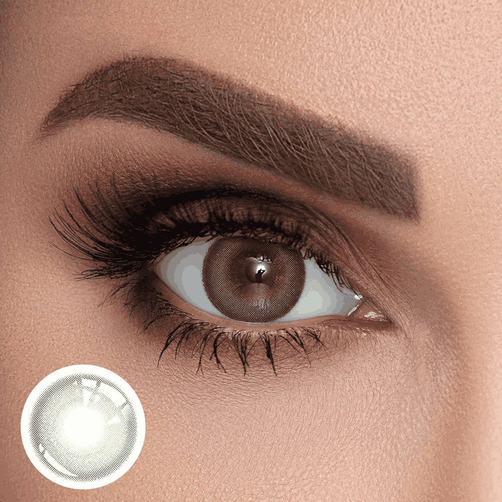 Close-up of a human eye wearing a Forest Green color contact lens, with a subtle green color change, accompanied by an inset image of the contact lens product.